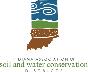 Indiana shaped image divided into blue, green and brown above text reading 