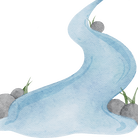 Decorative Element - Watercolor-style blue river with gray rocks and a few blades of grass